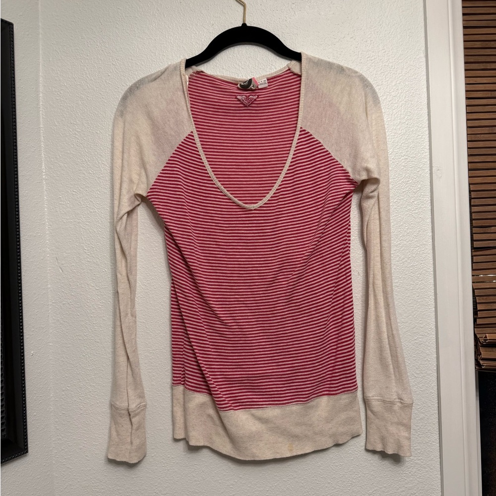 Roxy Red and Cream Striped Long Sleeve Top
